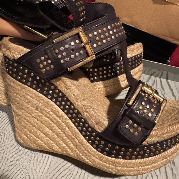 Alexander McQueen Black and Gold Studded Wedges - Picture 3 of 6